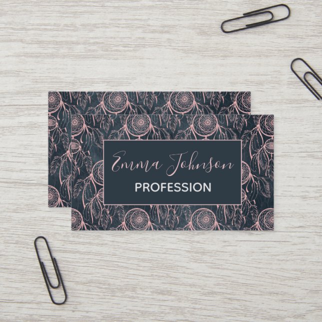 Carte De Visite Classé Rose Gold Dreamcatcher Grey Motif (Devant/Arrière en situation)
