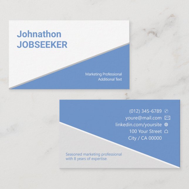 Carte De Visite Classic Clean Job Seeker Jobseeker Blue Classy (Devant / Derrière)