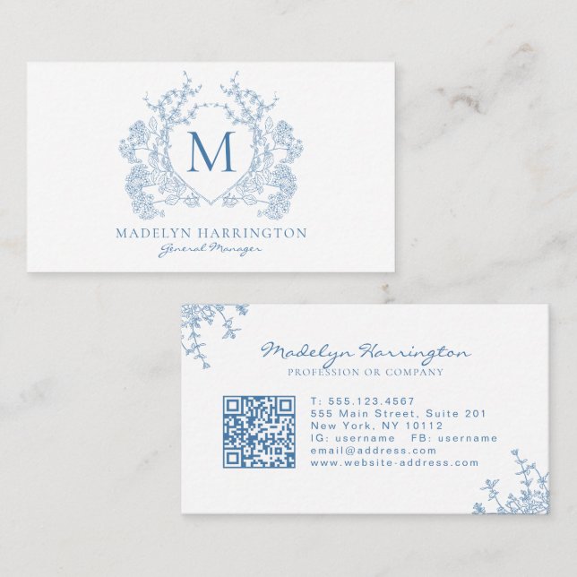 Carte De Visite Classic Français Bleu Floral Crest Monogramme QR C (Devant / Derrière)