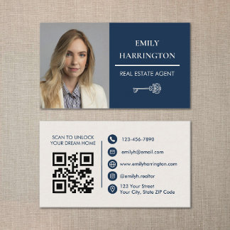 Carte De Visite Classic Key QR Code Navy Real Estate Agent