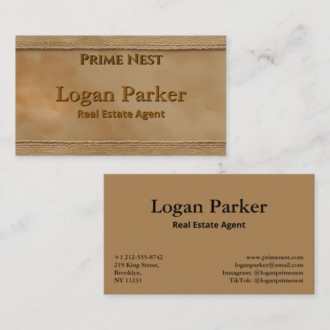 Carte De Visite Classic Stitched Leather Real Estate Business Card (Devant / Derrière)