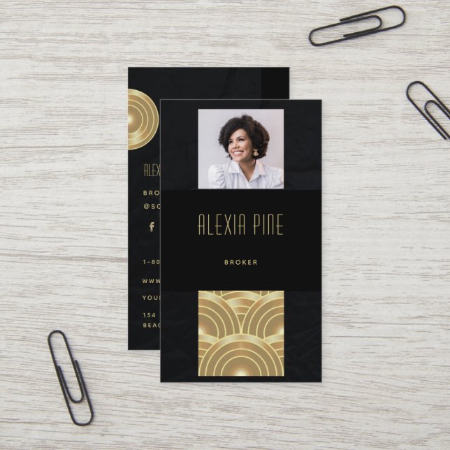 Carte De Visite Classy Art Déco Professional Black Gold Photo (Devant/Arrière en situation)