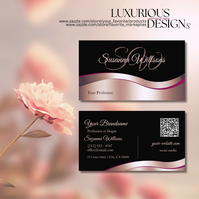 Carte De Visite Classy Black Wavy Rose Gold Decor Initiales QR Cod (Créateur téléchargé)