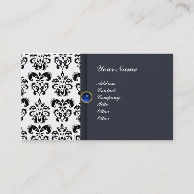 Carte De Visite CLASSY DAMASK MONOGRAM bleu saphir platine (Devant)