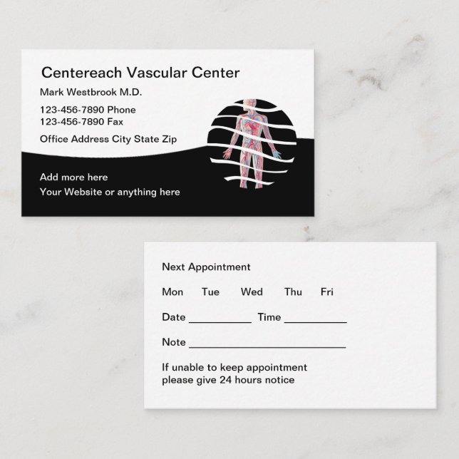 Carte De Visite Classy Vascular Vein Care Appointment Cards (Devant / Derrière)