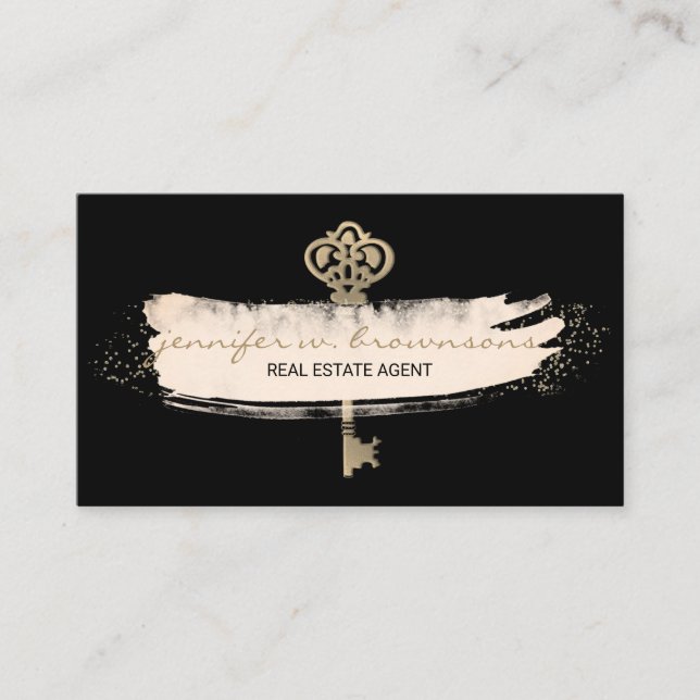 Carte De Visite Clé d'or Rétro Immobilier Noir (Devant)