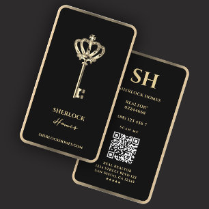 Carte De Visite Clé Realtor Couronne Black Faux Gold Trim