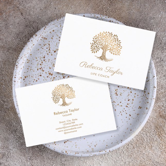 Carte De Visite coach de vie arbre de vie thérapeute yoga guérisse (gold tree of life)