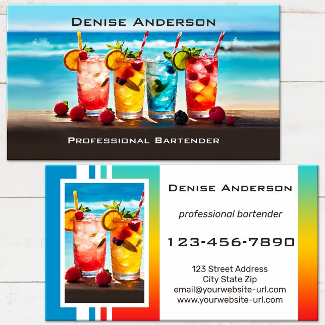 Carte De Visite Cocktail d'été coloré Beach Bartender (Eye catching business card featuring colorful tropical cocktails on the beach - bartender - bar)