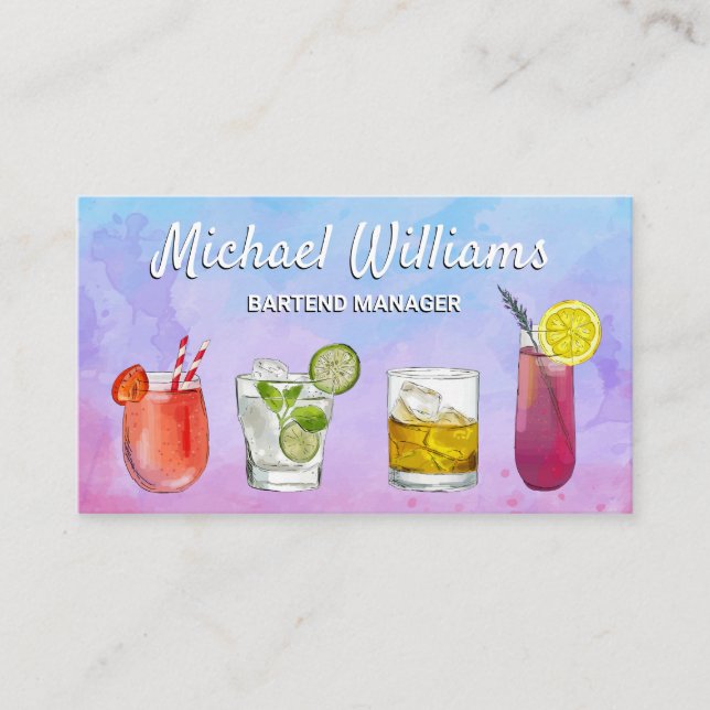Carte De Visite Cocktail Mix Boissons | Aquarelle Mixologie (Devant)