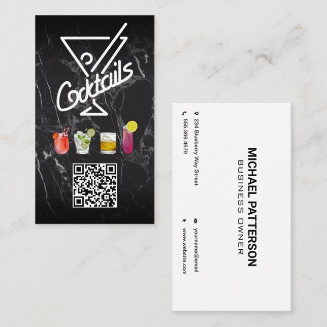 Carte De Visite Cocktails | Code QR | Ajouter personnalisé (Devant / Derrière)