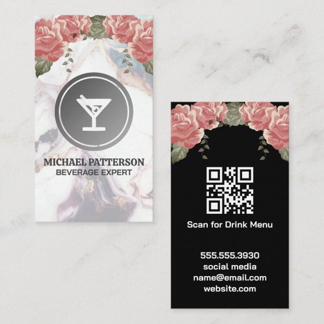 Carte De Visite Cocktails Martini Grey Logo | Marbre et Rose (Devant / Derrière)