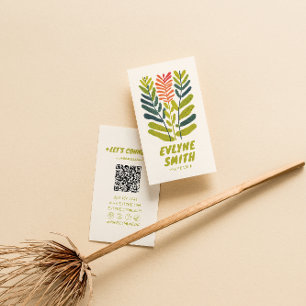 Carte De Visite Cod rétro manuscrit dessiné vert Funky Floral QR C