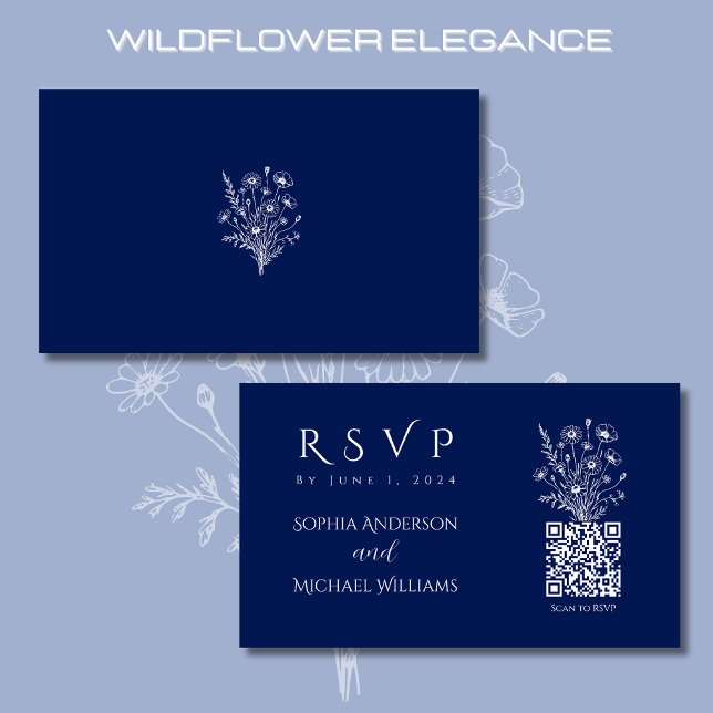 Carte De Visite Code fleur sauvage Elegance-RSVP-QR (Wildflower Elegance Wedding RSVP Card with QR code-Rustic-Bohemian-Blue)