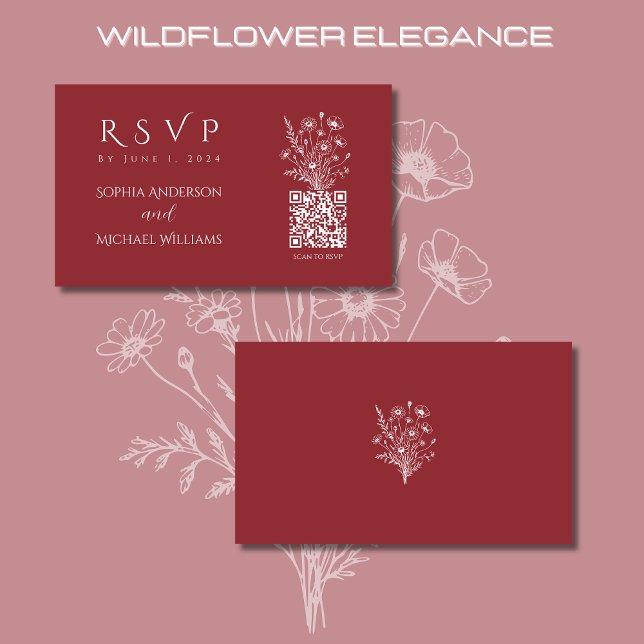 Carte De Visite Code fleur sauvage Elegance-RSVP-QR (Wildflower Elegance Wedding RSVP QR Code-Red, Country, Rustic, Boho, Bohemian, Elegant)