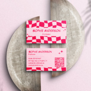 Carte De Visite Code QR à damier rose et rouge rétro