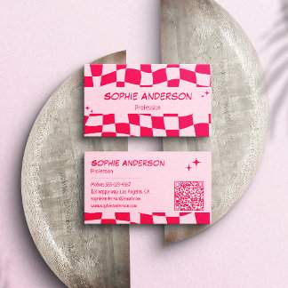 Carte De Visite Code QR à damier rose et rouge rétro