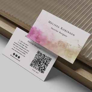 Carte De Visite Code QR à l'aquarelle fumée moderne rose et beige