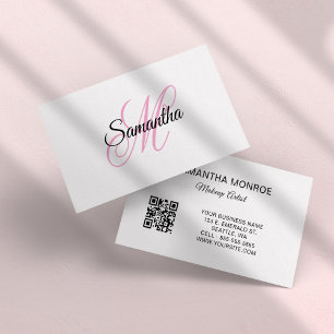 Carte De Visite Code QR à monogramme fantaisie rose
