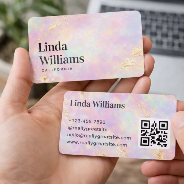 Carte De Visite Code QR à texture dorée sur marbre pastel  (Créateur téléchargé)