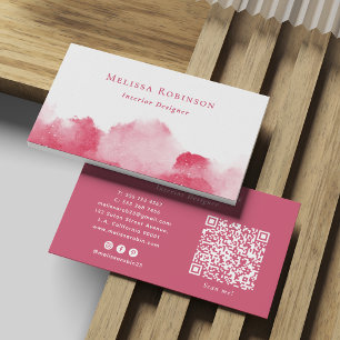 Carte De Visite Code QR Abstrait Aquarelle Rose et Blanc Féminin
