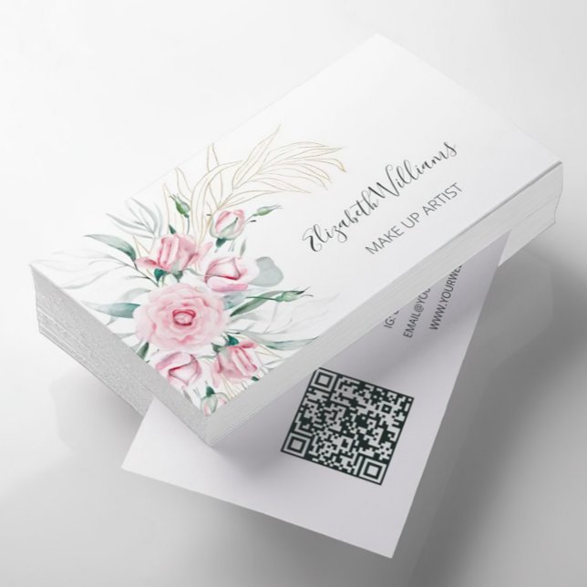 Carte De Visite Code QR | Aquarelle Blush Floral Make Up Artiste (Créateur téléchargé)