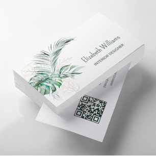 Carte De Visite Code QR   Aquarelle Feuilles tropicaux