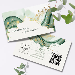 Carte De Visite Code Qr aquarelle vert sauge