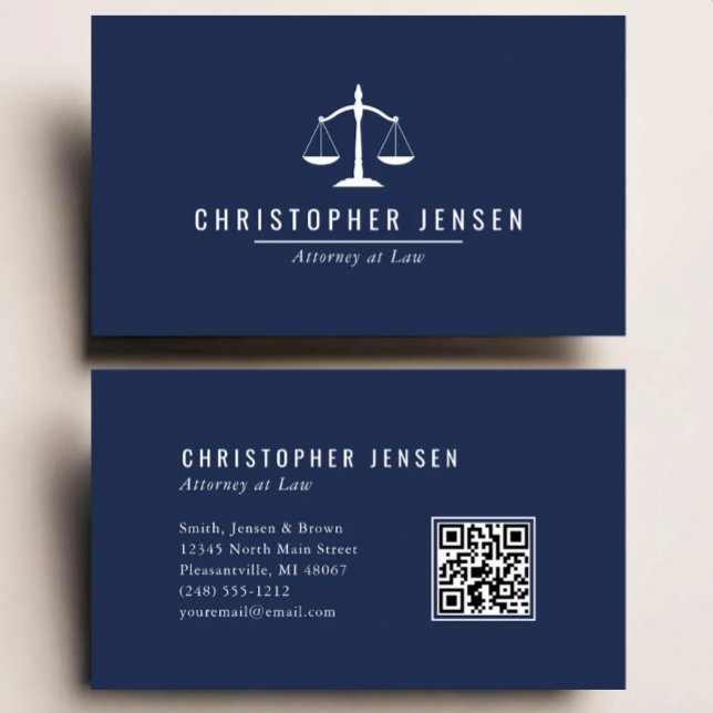 Carte De Visite Code QR avocat bleu marine blanc échelles simple (Créateur téléchargé)