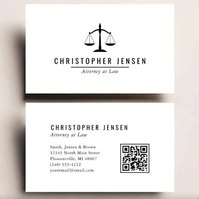 Carte De Visite Code QR Avocat Échelles Blanches Noires Simple (Créateur téléchargé)