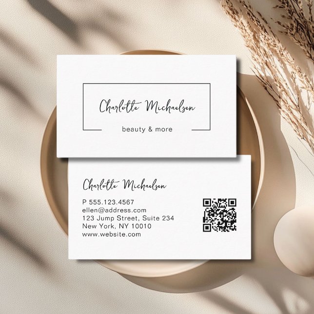 Carte De Visite Code QR Blanc à Écriture Minimale (Minimal Handwriting White QR Code Business Card)
