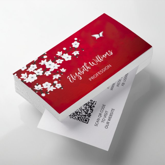 Carte De Visite Code QR | Blanc rouge fleur de cerisier (Créateur téléchargé)