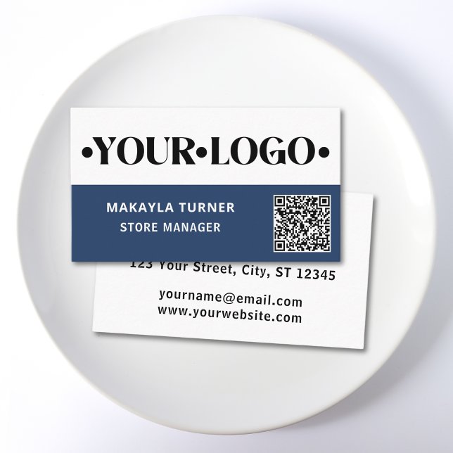 Carte De Visite Code QR bleu de logo personnalisé (Créateur téléchargé)