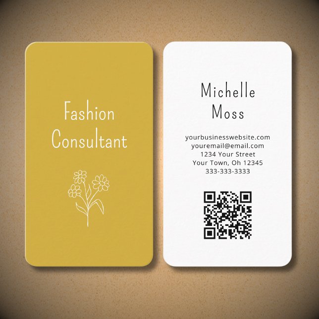 Carte De Visite Code QR Boho Flower Illustration Gold Botanical (Créateur téléchargé)