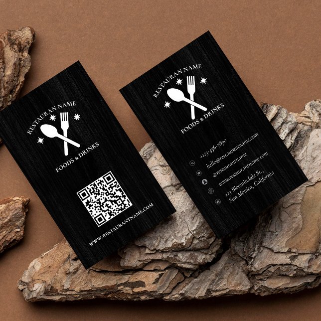 Carte De Visite Code QR Bois Texté Logo du restaurant Rustique (QR Code Wood Textured Restaurant Logo Rustic Business Card)