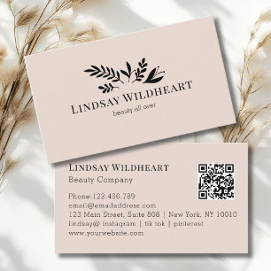 Carte De Visite Code QR botanique beige-rose floral minimal