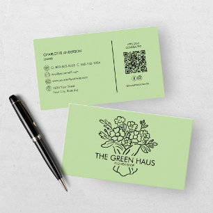 Carte De Visite Code QR botanique vert de fleuriste dessiné à la m