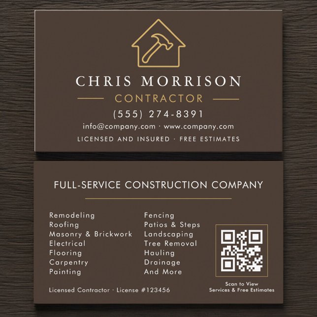 Carte De Visite Code QR Brun Or Construction de Bâtiments (Créateur téléchargé)