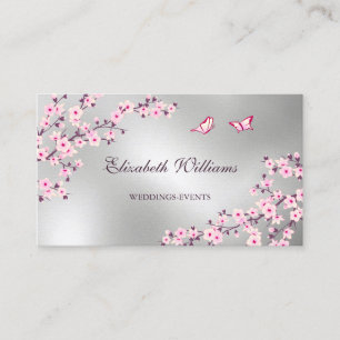 Carte De Visite Code QR   Cerisiers Fleurs Roses Argent 