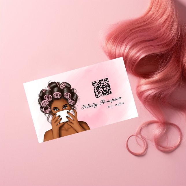 Carte De Visite Code QR Chic Pink Hair Stylist (Créateur téléchargé)