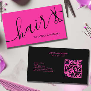 Carte De Visite Code QR Ciseaux de Coiffeur Écriture Cheveux Rose