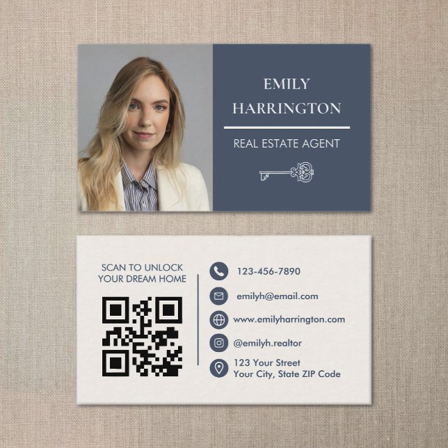 Carte De Visite Code QR Clé Classique Gris Agent Immobilier (Créateur téléchargé)