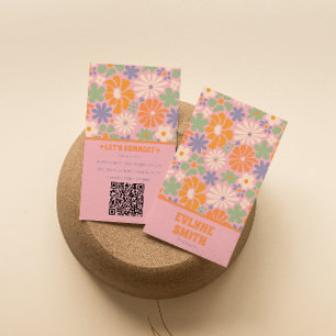 Carte De Visite Code QR coloré rétro Super Floral Girly tiré