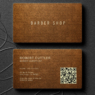 Carte De Visite Code QR cuir brun faux barbier coiffeur
