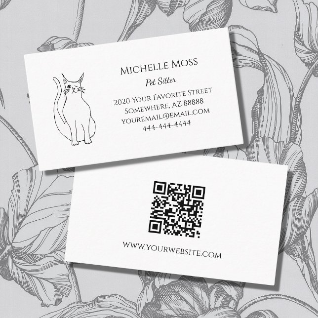 Carte De Visite Code QR Cute Want Chat Pet Sitter Noir Blanc (Créateur téléchargé)