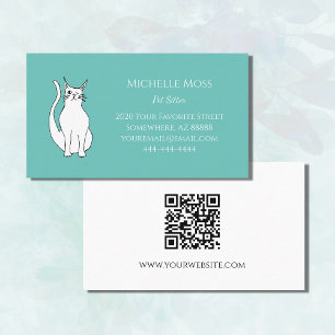 Carte De Visite Code QR Cute Want Chat Pet Sitter Vert Turquoise