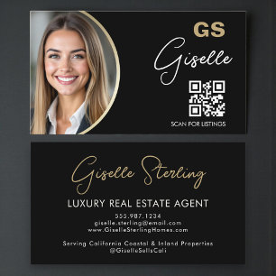 Carte De Visite Code QR d'agent immobilier de luxe noir or photo