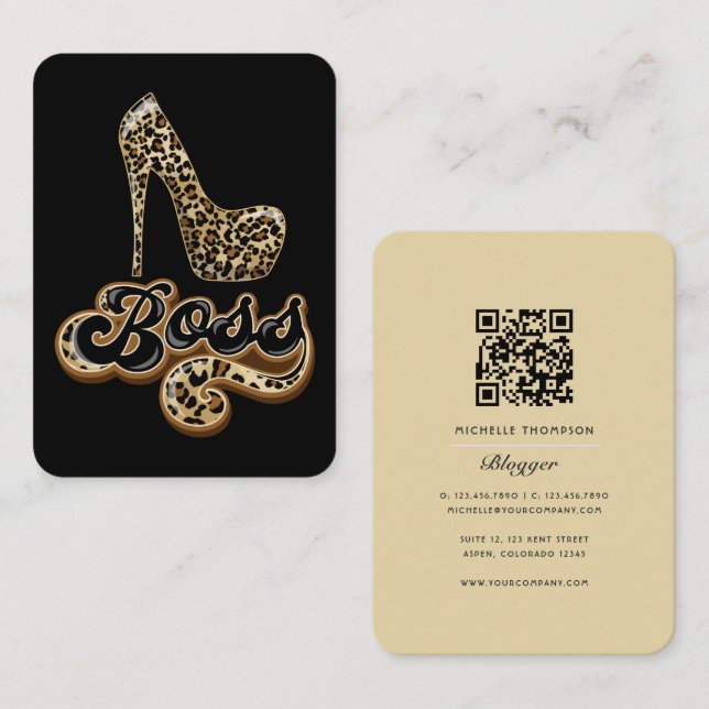 Carte De Visite Code QR Dame Patronne Léopard Noir et Or (Devant / Derrière)