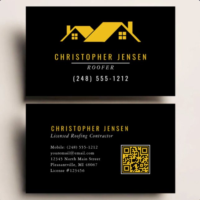 Carte De Visite Code QR d'artisan Toiture Simple Noir Jaune (Créateur téléchargé)