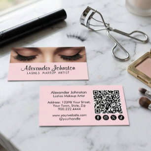 Carte De Visite Code QR d'artiste en maquillage de cils rose éléga